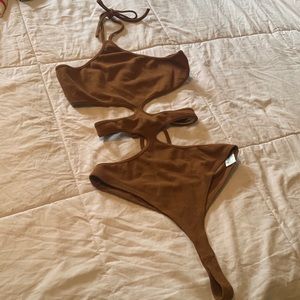 Brown strappy, tie thong body suit